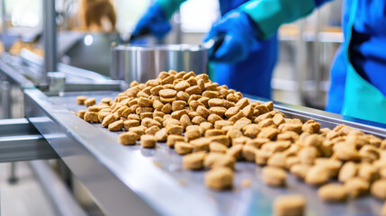 Fototapeta premium Pet food production involves careful handling of kibble on conveyor belt, showcasing manufacturing process