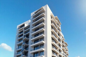 Modern Apartment Complex Ascending Against a Vivid Blue Sky Sleek Architecture, Spacious Balconies, Ideal for Real Estate & Architectural Websites