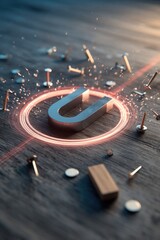 3D illustration of a magnet attracting various metallic objects on a table