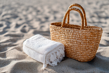 Obraz premium Straw beach bag and white towel arranged neatly on sand, minimalist beach vibe, 