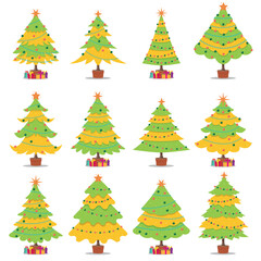 Obraz premium Multiple stylized Christmas trees with ornaments and presents, showcasing holiday cheer and celebration. Ideal for festive designs, invitation cards, and themes surrounding the joyous Christmas season