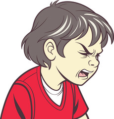 Angry child boy with red shirt yelling with tense face showing frustration and emotional explosion in cartoon vector style