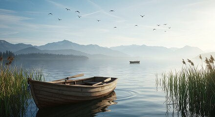 Naklejka premium Wooden Rowboat on Still Lake Water with Distant Mountains and Birds