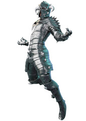 3D render of fantasy warrior in detailed silver armor with horns and spikes, in a fierce battle pose. His engraved battle suit and powerful stance evoke aggression and intimidation. 3D Illustration