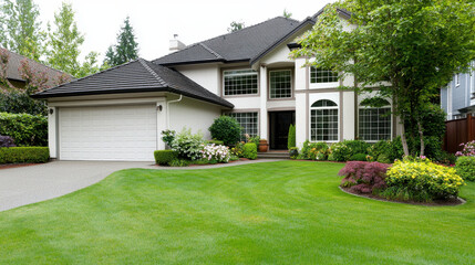 Beautiful residential house with well maintained lawn, surrounded by vibrant flowers and greenery, showcasing welcoming atmosphere