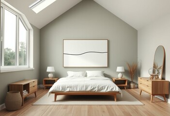 Scandinavian bedroom with minimalist painting