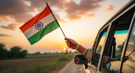 Indian Flag Waving at Sunset from Car
