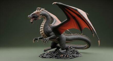 Obraz premium Majestic Black Dragon with Fiery Red Wings Stands Proudly on Jagged Rocks