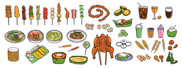 A set of street food isolated on white background, including Tom Yum Goong, grilled chicken, pork, sticky rice, hot dog, spicy curry, beverage, dessert. Colored with outlines. Vector and illustration.