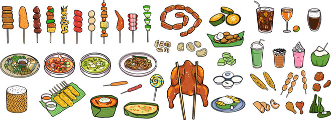 A set of street food isolated on white background, including Tom Yum Goong, grilled chicken, pork, sticky rice, hot dog, spicy curry, beverage, dessert. Colored with outlines. Vector and illustration.