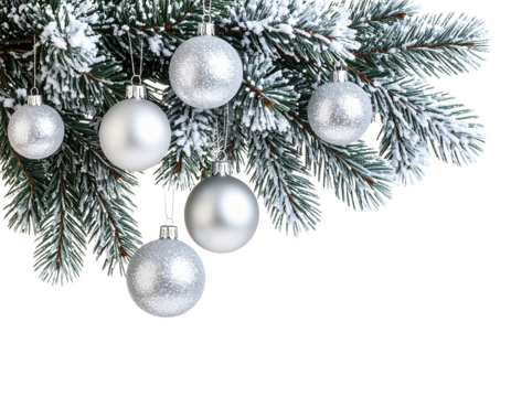 luster of Pine Twigs with Silver Ornaments and Snow Frost, Transparent PNG