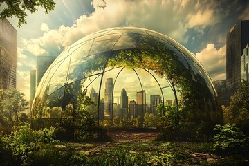 Obraz premium Urban sustainability initiative futuristic eco-dome in cityscape architectural design green environment aerial perspective innovation