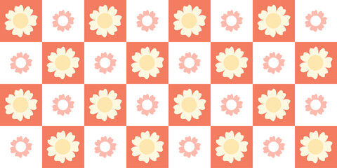 Retro groovy flowers seamless pattern. Checkered flower power background. Spring summer floral vector illustration