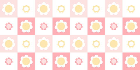 Retro groovy flowers seamless pattern. Checkered flower power background. Spring summer floral vector illustration