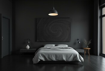 Monochromatic bedroom with textured black abstract painting