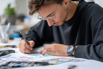 Young designer drawing logo concepts 