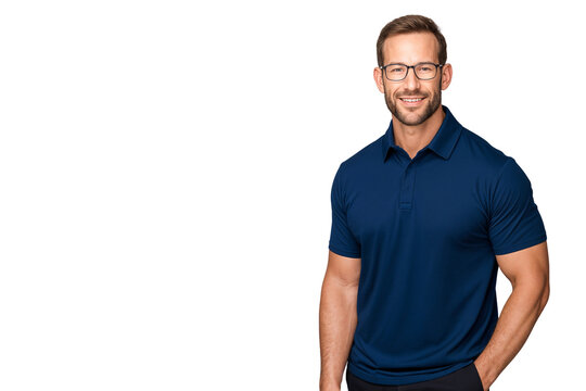 Confident male school teacher wearing glasses and a navy polo shirt, smiling while standing against transparent background