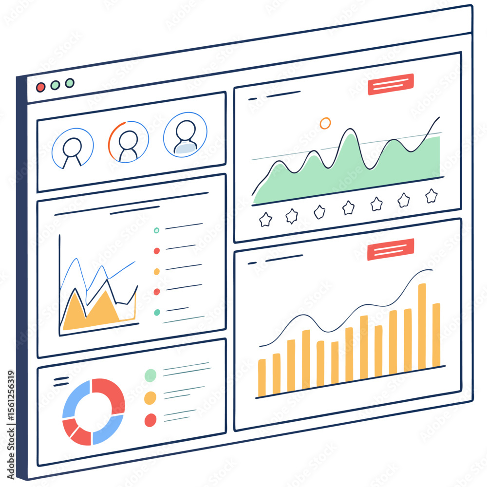 Poster isometric dashboard interface displaying various charts and graphs for data analysis and visualizati