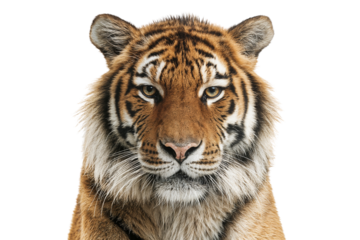 Close-up portrait of a Bengal tiger staring directly at the camera. Majestic wild predator isolated on transparent background