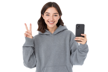 Smiling young woman taking selfie with smartphone, showing peace sign. Isolated on transparent background