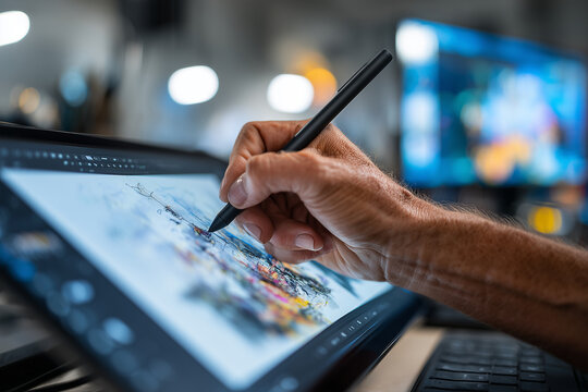 Creative studio scene with person editing artwork on tablet, 