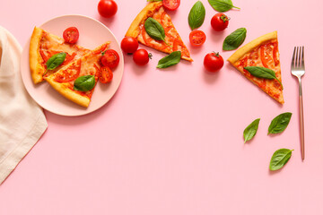 Plate with tasty pizza margarita on pink background
