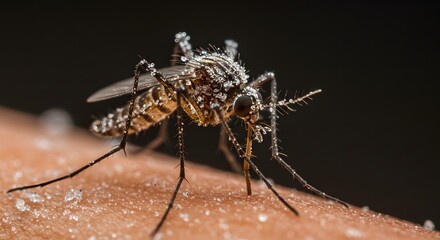 Fototapeta premium Close-up view of a mosquito with water droplets resting on its body in a natural setting