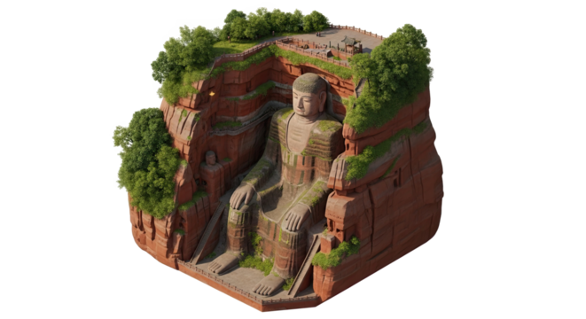 Leshan Giant Buddha Isometric View: A Stunning Digital Rendering of the Ancient Wonder Carved into a Cliffside, Featuring Lush Greenery and Intricate Details
