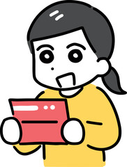 笑顔で通帳を見ている私服の若い女性