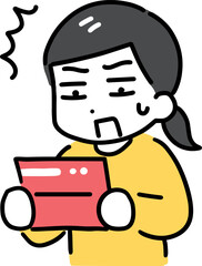 通帳を見て驚く私服の若い女性