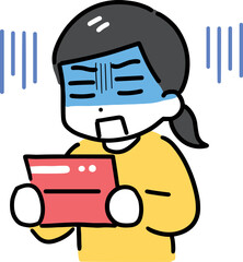 通帳を見てショックを受ける私服の若い女性(上半身)