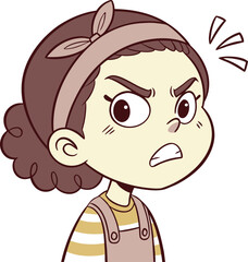 Cartoon girl with angry eyebrows and intense eye contact expressing frustration and determination in strong pose