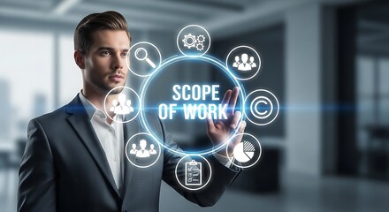 A businessman interacting with a digital interface displaying "Scope of Work" and related icons.