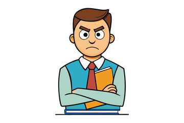 Cartoon man with angry expression and arms crossed holding a book standing on a stack of books