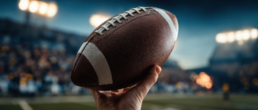 The football being held high in a vibrant stadium atmosphere during a game.