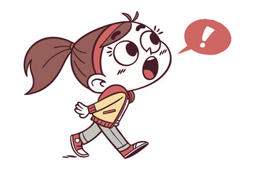 Surprised Girl Walking: A cartoon illustration of a girl with a ponytail, wearing a yellow jacket and grey pants.