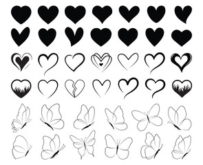 Fototapeta premium Set of hearts in black color, heart icons set vector, set of hearts different shapes for design. Heart collection. Vector art. Heart, love, romance hearts. Vector icons. Heart love symbol black