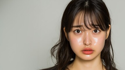 顔が油でてかって困っている女性
