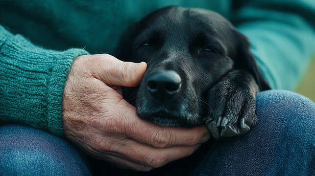 Dog with paw on knee while owner works with focus