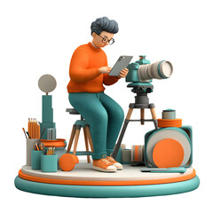 Stylized 3D Photographer with Camera, Tablet, and Art Supplies on Platform