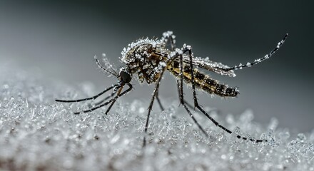 Fototapeta premium Close-up view of a mosquito with water droplets resting on its body in a natural setting