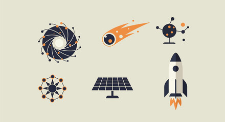 Obraz premium Stylized icons depicting space exploration, solar energy, and celestial phenomena.