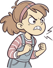 Cartoon girl clenching fists and shouting with angry expression in mid-action pose showing emotional release and determination