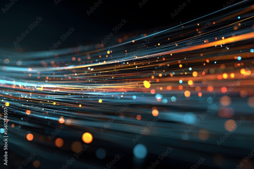 Fototapete 
Abstract digital background with colorful light streaks and lines moving rapidly in the dark, representing data transfer speed or futuristic technology.

