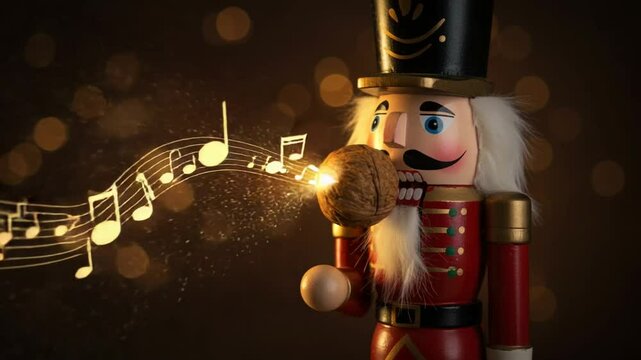 Nutcracker holding walnut with musical notes background