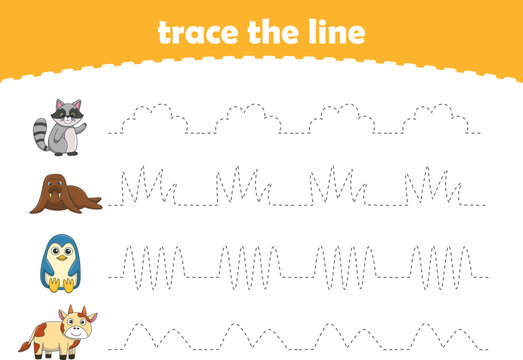 Handwriting Practice. Tracing lines for kids with animals. Vector Illustration