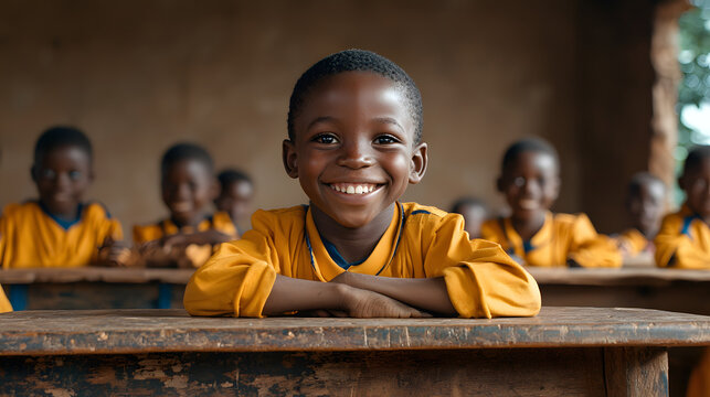 Smiling boy sitting at a school desk
