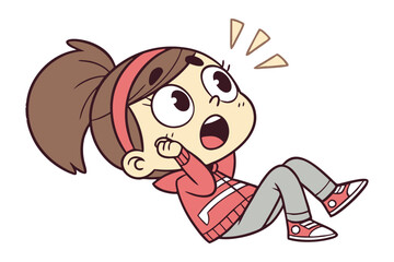 Surprised Girl Cartoon: A cute cartoon girl with a surprised expression, big eyes, and open mouth, sitting with her hand on her cheek.  She is wearing a red jacket, gray pants, and red sneakers.
