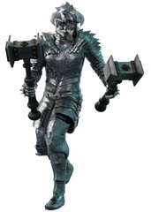 3D render of fantasy warrior in detailed silver armor with horns and spikes, in a fierce battle pose. His engraved battle suit and powerful stance evoke aggression and intimidation. 3D Illustration