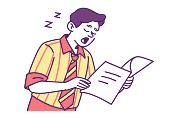 Tired businessman falls asleep while reading document during work meeting or presentation